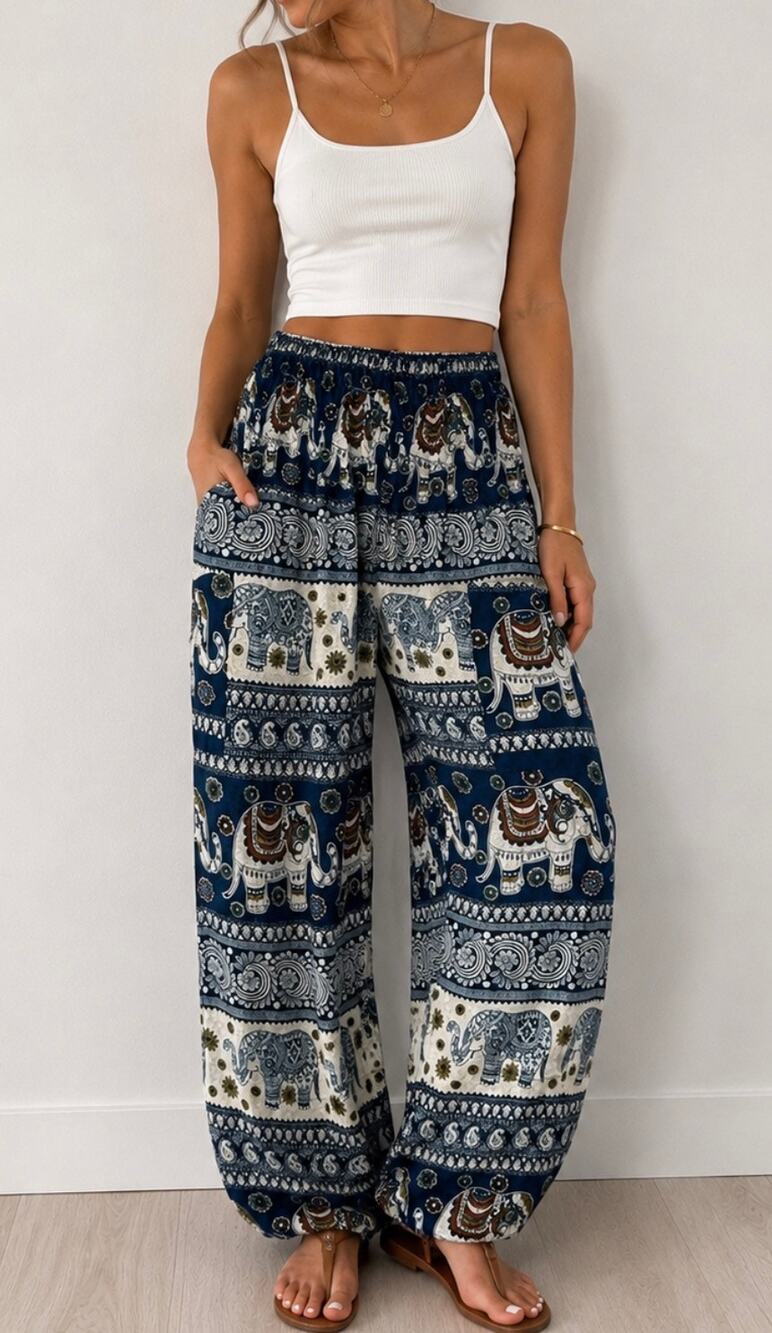 Blue Elephant Print Harem Pants